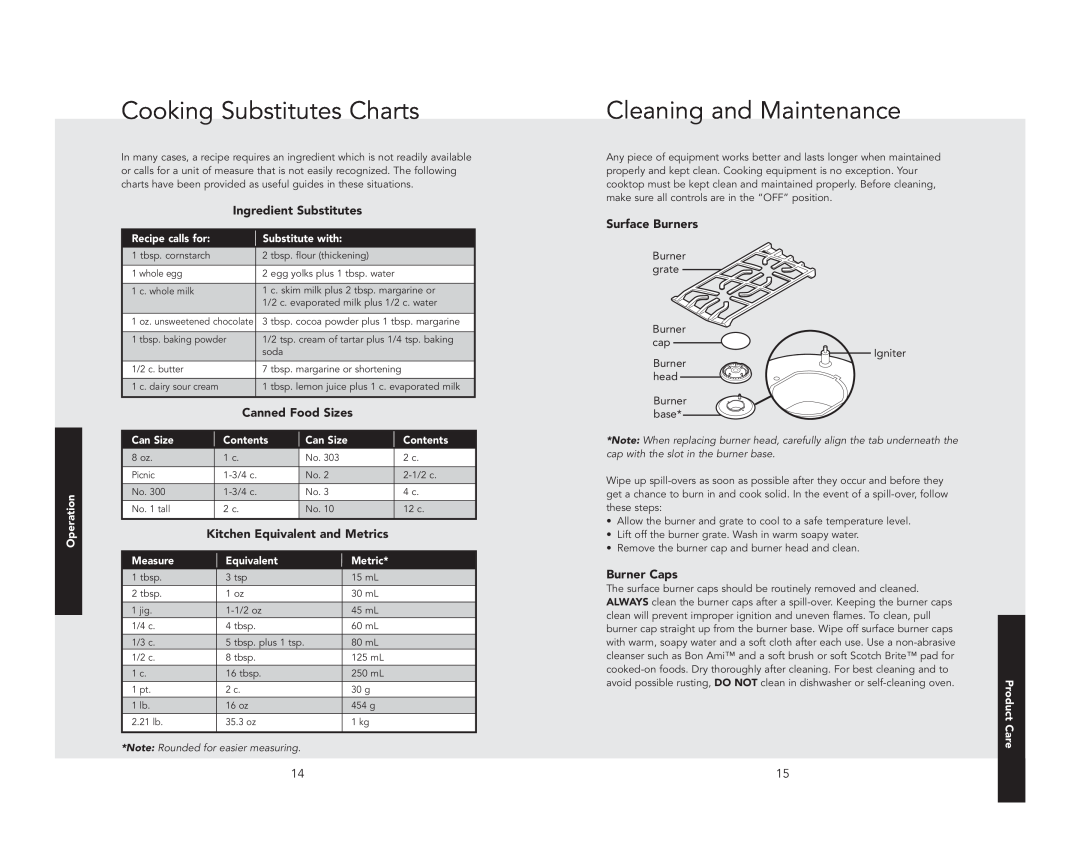 Viking F21208 Cooking Substitutes Charts, Cleaning and Maintenance, Ingredient Substitutes, Canned Food Sizes, Burner Caps 