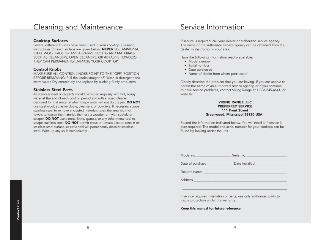 Viking F21212 manual Service Information, Cooktop Surfaces, Control Knobs, Stainless Steel Parts 