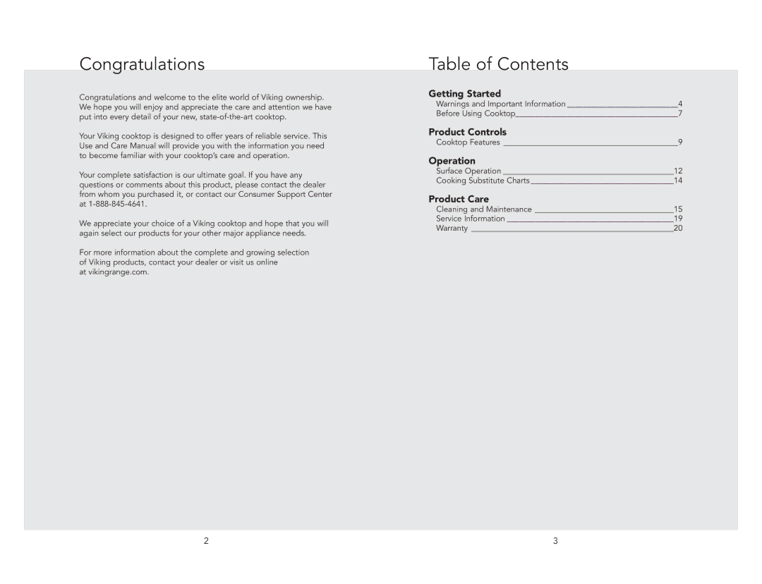 Viking F21212 manual Congratulations, Table of Contents 