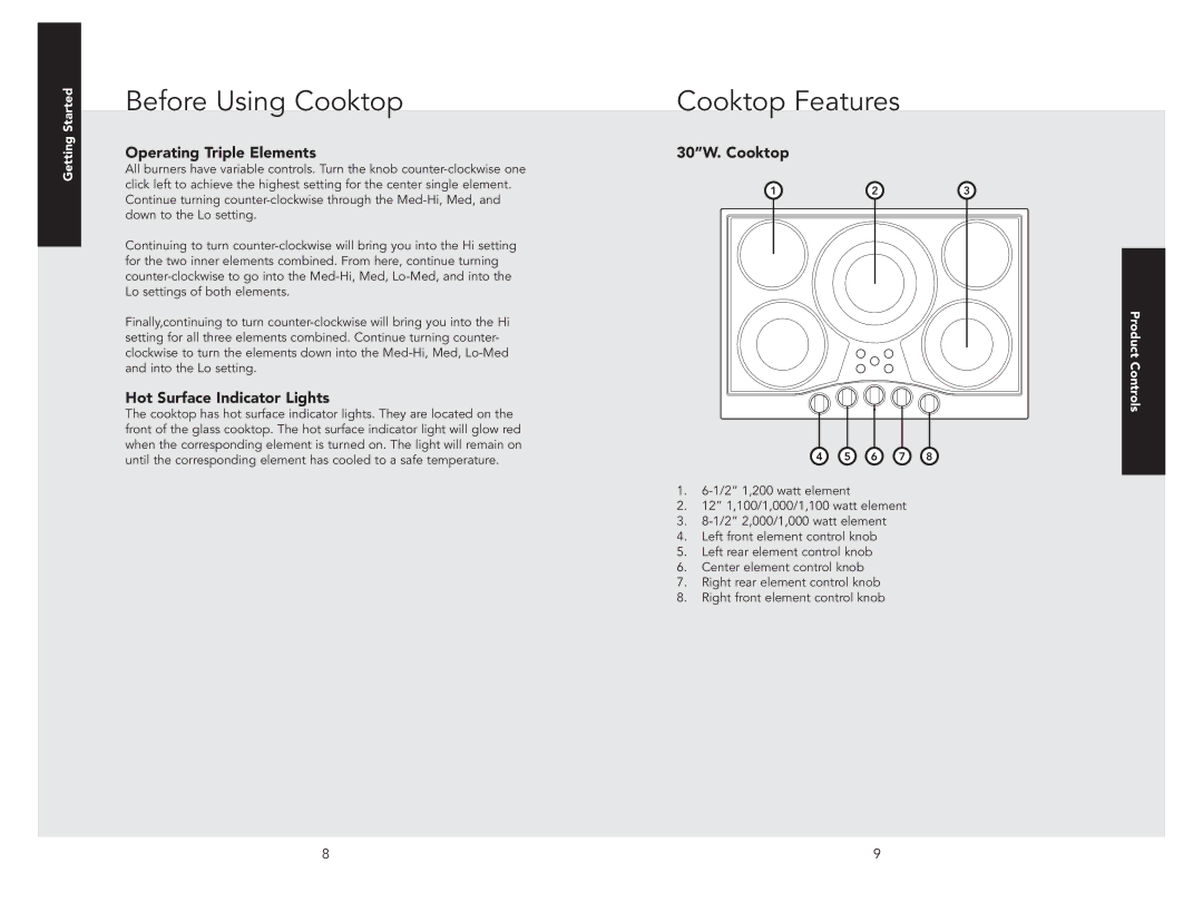 Viking F21212 manual Operating Triple Elements, 30W. Cooktop, Hot Surface Indicator Lights, Started, Getting 