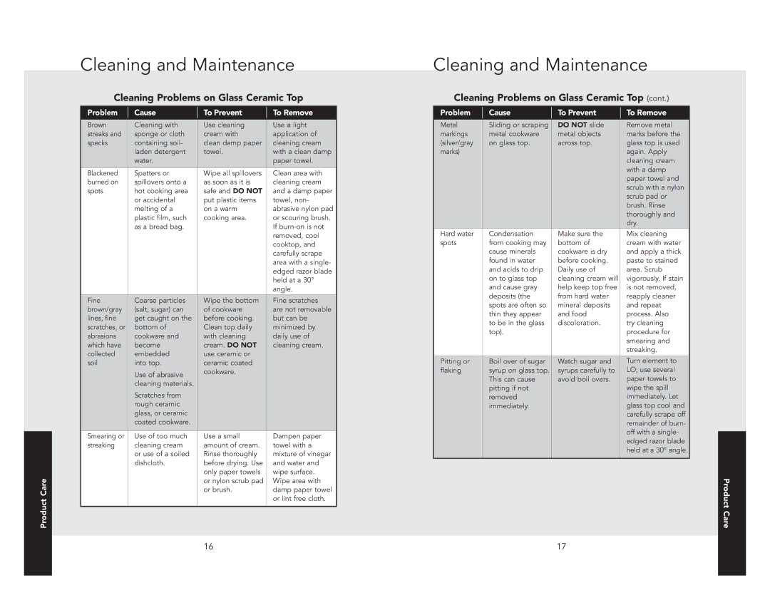 Viking F21212 manual Cleaning Problems on Glass Ceramic Top, Cause To Prevent To Remove, Product 