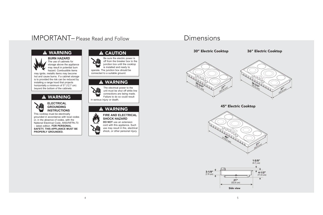 Viking F21213 manual Dimensions, Electric Cooktop, SAFETY, this Appliance Must be Properly Grounded, Side view 