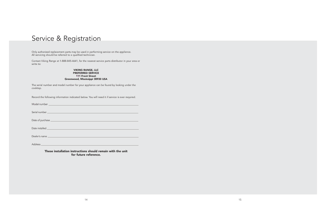 Viking F21213 Service & Registration, Viking RANGE, LLC Preferred Service, Front Street Greenwood, Mississippi 38930 USA 