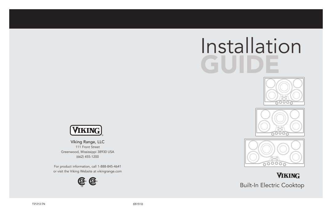 Viking F21213 manual Installation, Built-In Electric Cooktop, Viking Range, LLC 