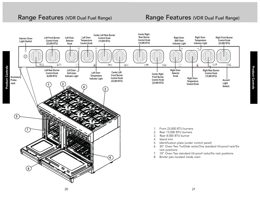 Viking F21233A manual Range Features VDR Dual Fuel Range, Controls 