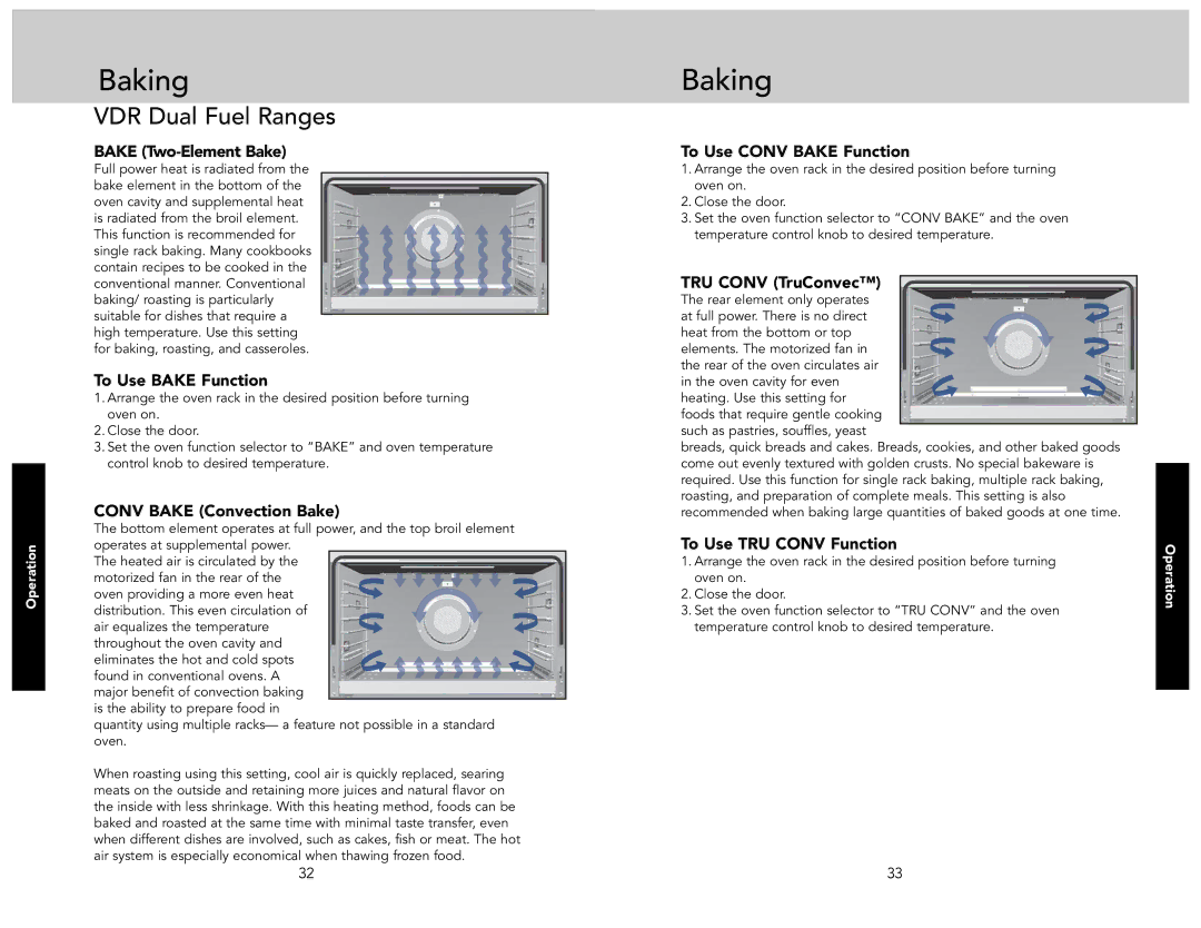 Viking F21233A manual To Use Conv Bake Function, To Use TRU Conv Function 