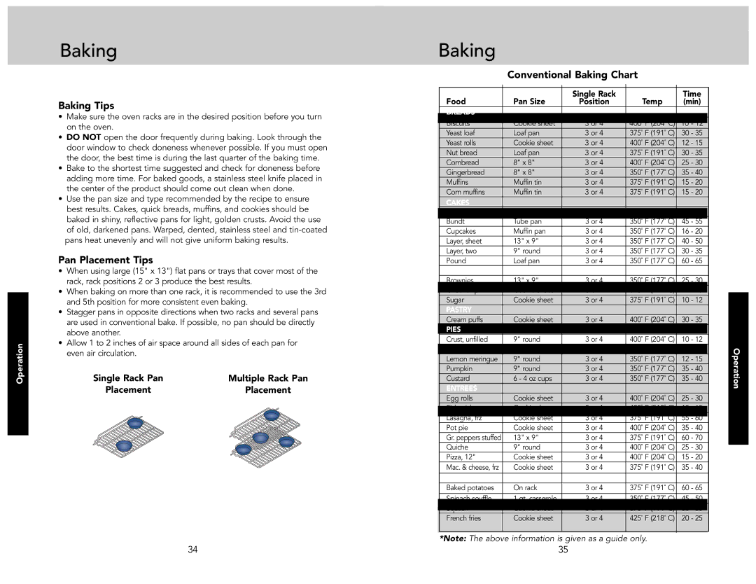 Viking F21233A Baking Tips, Pan Placement Tips, Conventional Baking Chart, Single Rack Pan Multiple Rack Pan Placement 