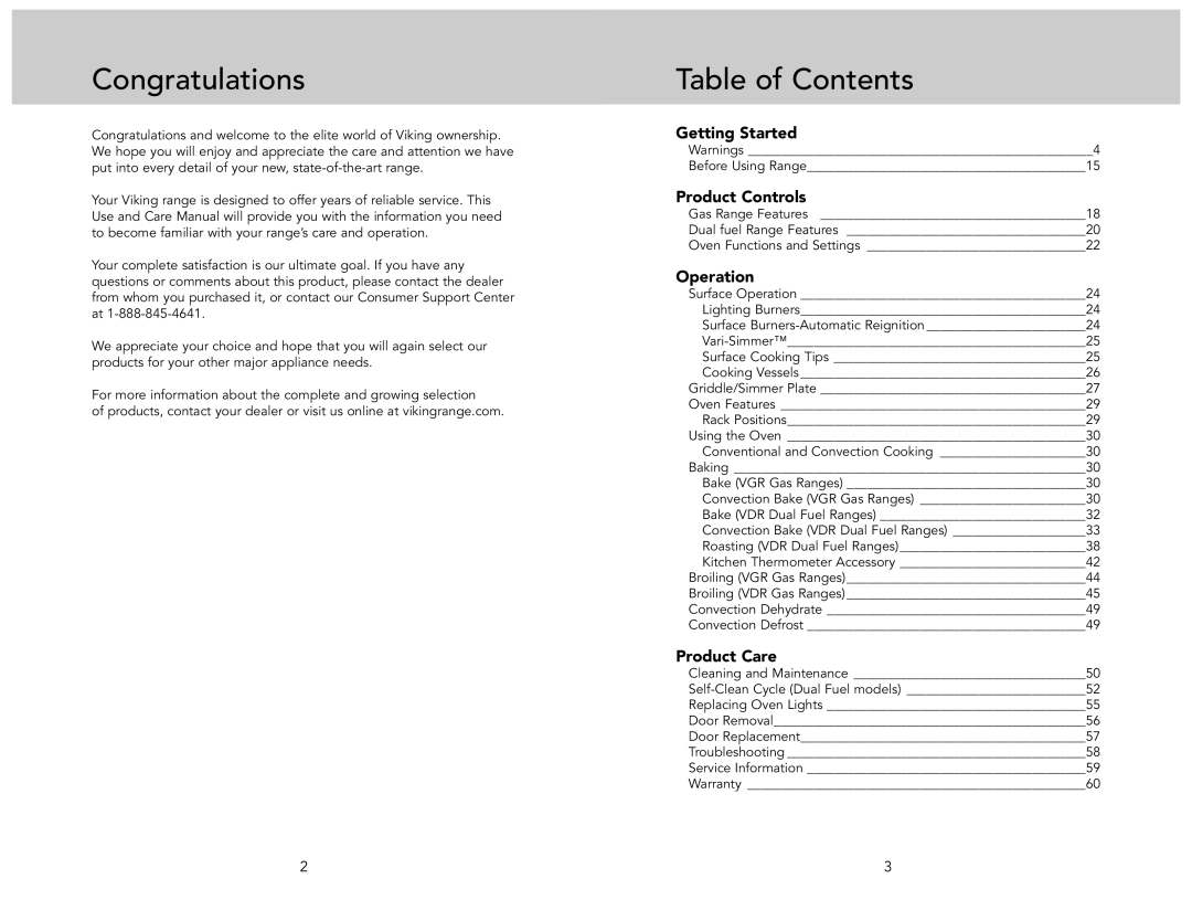 Viking F21233A manual Congratulations, Table of Contents 