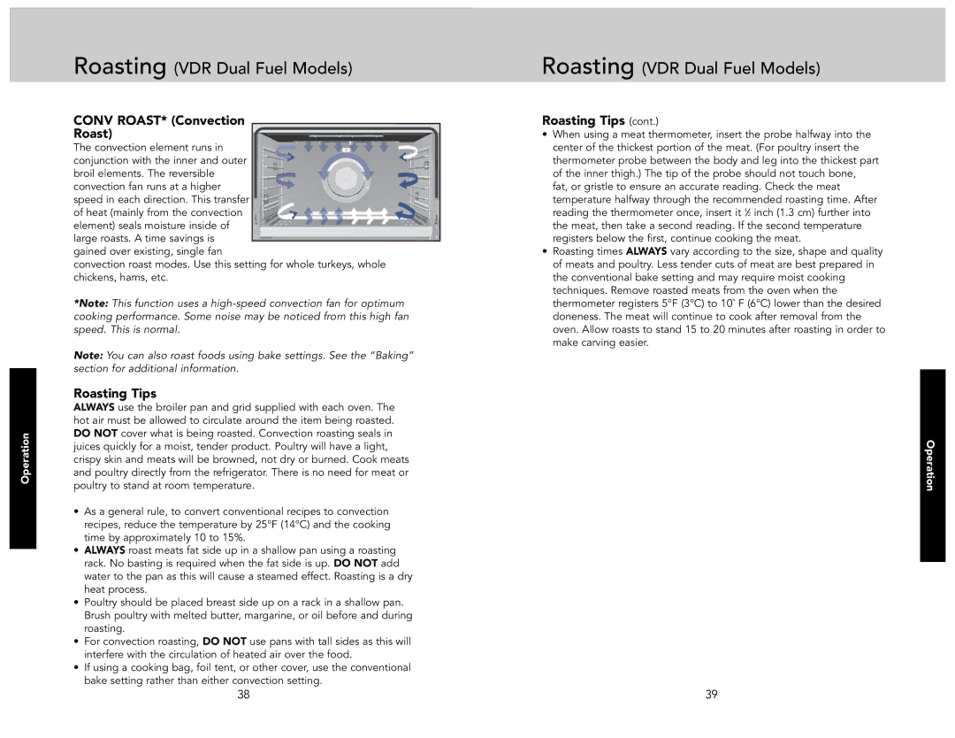 Viking F21233A manual Conv ROAST* Convection Roast, Roasting Tips 