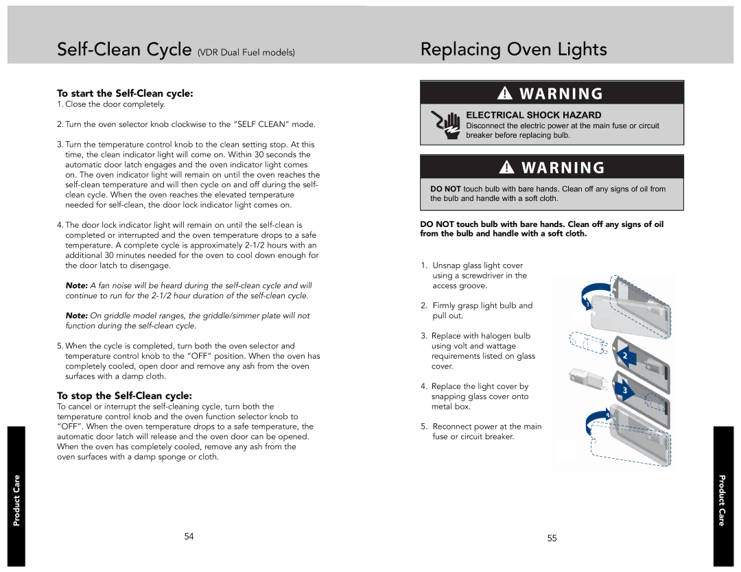 Viking F21233A manual Replacing Oven Lights, To start the Self-Clean cycle, To stop the Self-Clean cycle 