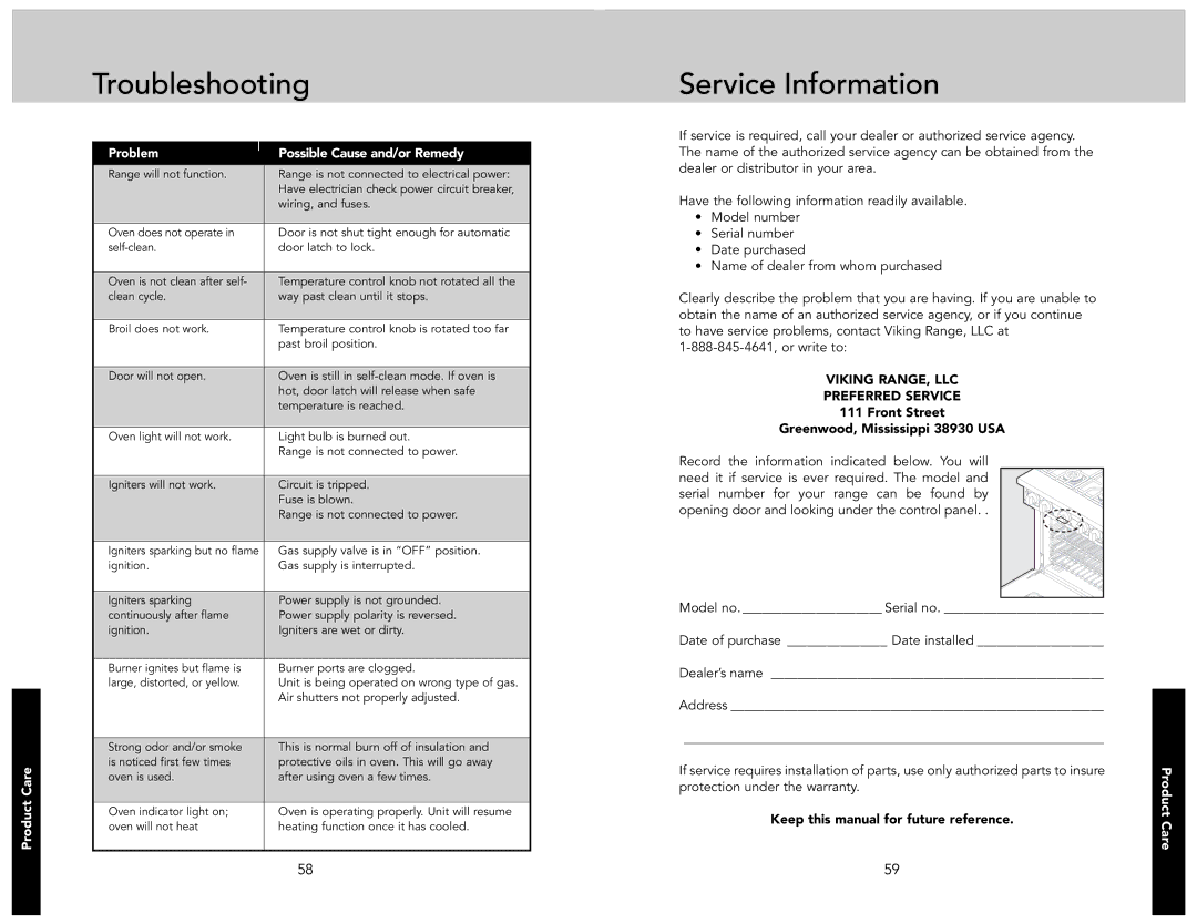 Viking F21233A Troubleshooting, Service Information, Possible Cause and/or Remedy, Keep this manual for future reference 