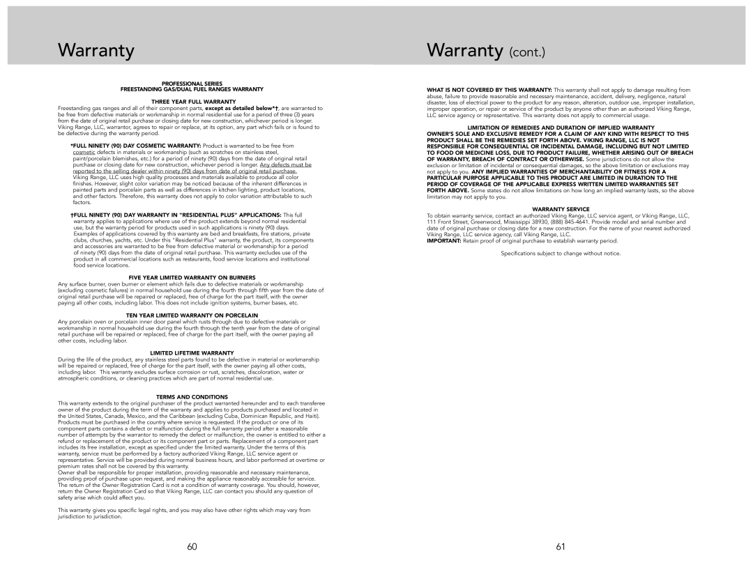 Viking F21233A manual Five Year Limited Warranty on Burners 