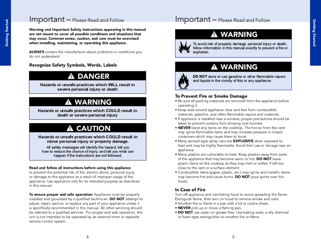 Viking F21270AEN Recognize Safety Symbols, Words, Labels, To Prevent Fire or Smoke Damage, Case of Fire, Getting Started 