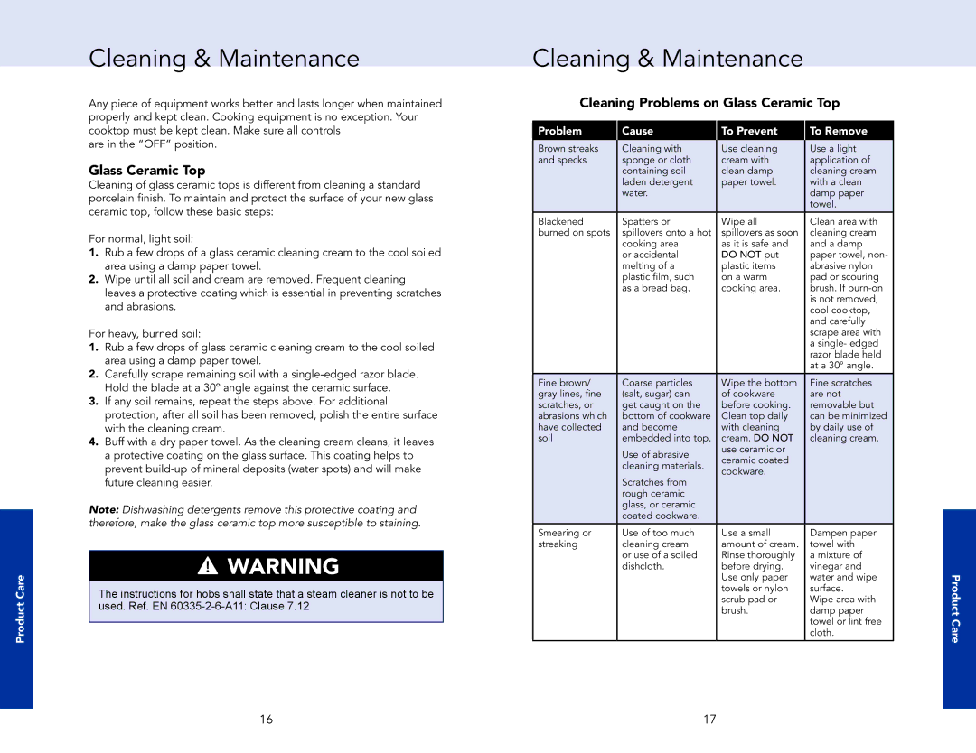 Viking F21270AEN manual Cleaning & Maintenance, Cleaning Problems on Glass Ceramic Top, Product Care 