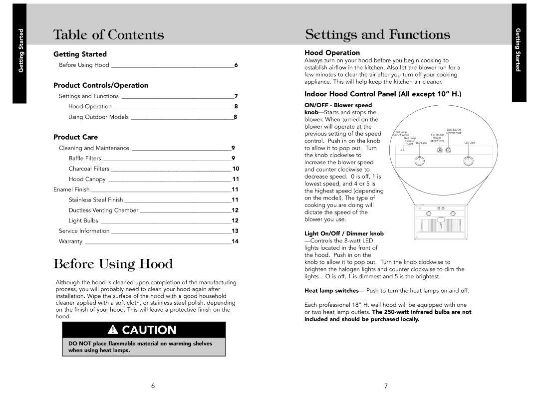 Viking F21286 manual Table of Contents, Settings and Functions, Before Using Hood 