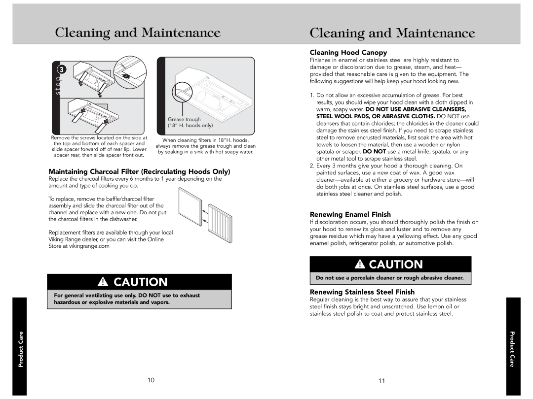 Viking F21286 manual Cleaning Hood Canopy, Maintaining Charcoal Filter Recirculating Hoods Only, Renewing Enamel Finish 