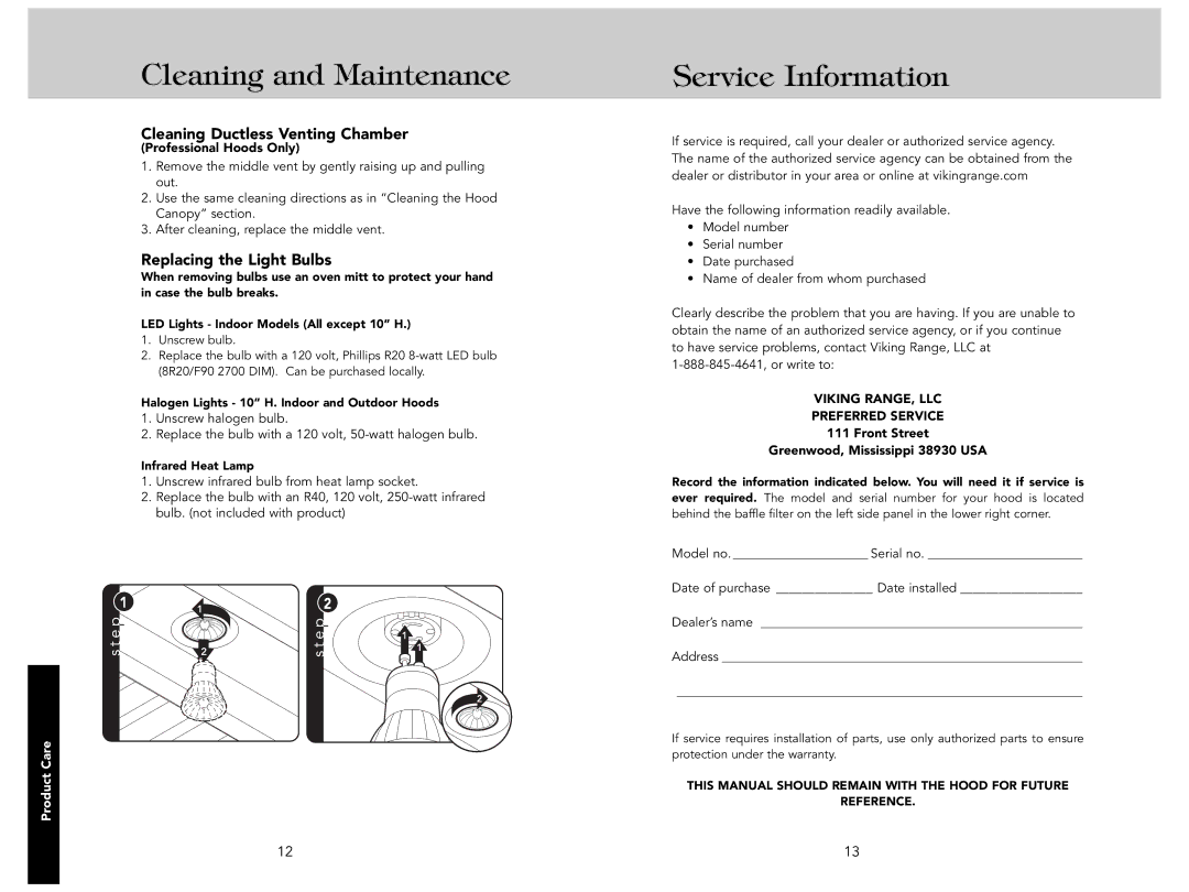 Viking F21286 manual Service Information, Cleaning Ductless Venting Chamber, Replacing the Light Bulbs 