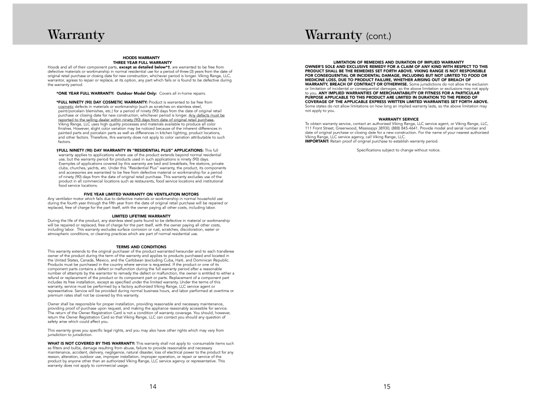 Viking F21286 manual Hoods Warranty Three Year Full Warranty 