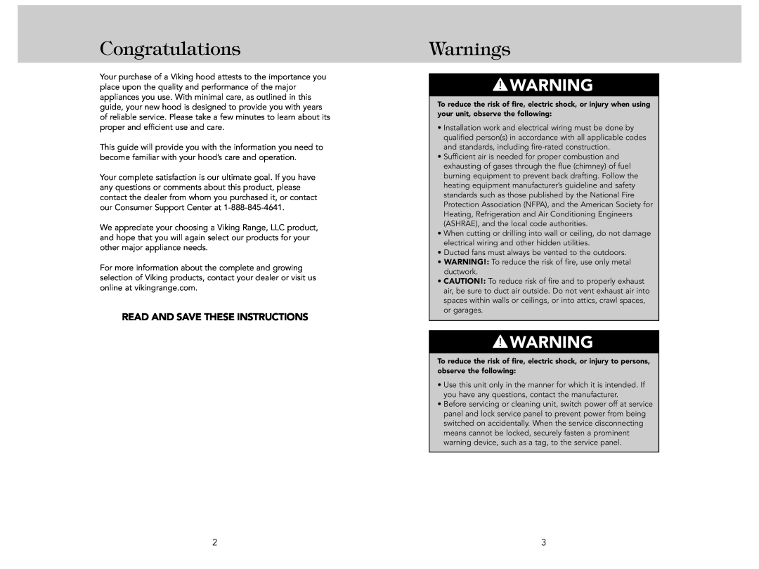 Viking F21286 manual Congratulations, Warnings, Read And Save These Instructions 