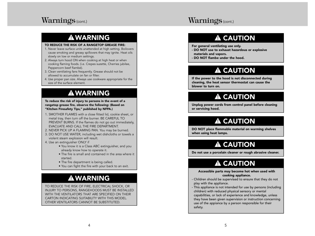 Viking F21286 manual Warnings cont, For general ventilating use only, DO NOT flambe under the hood 