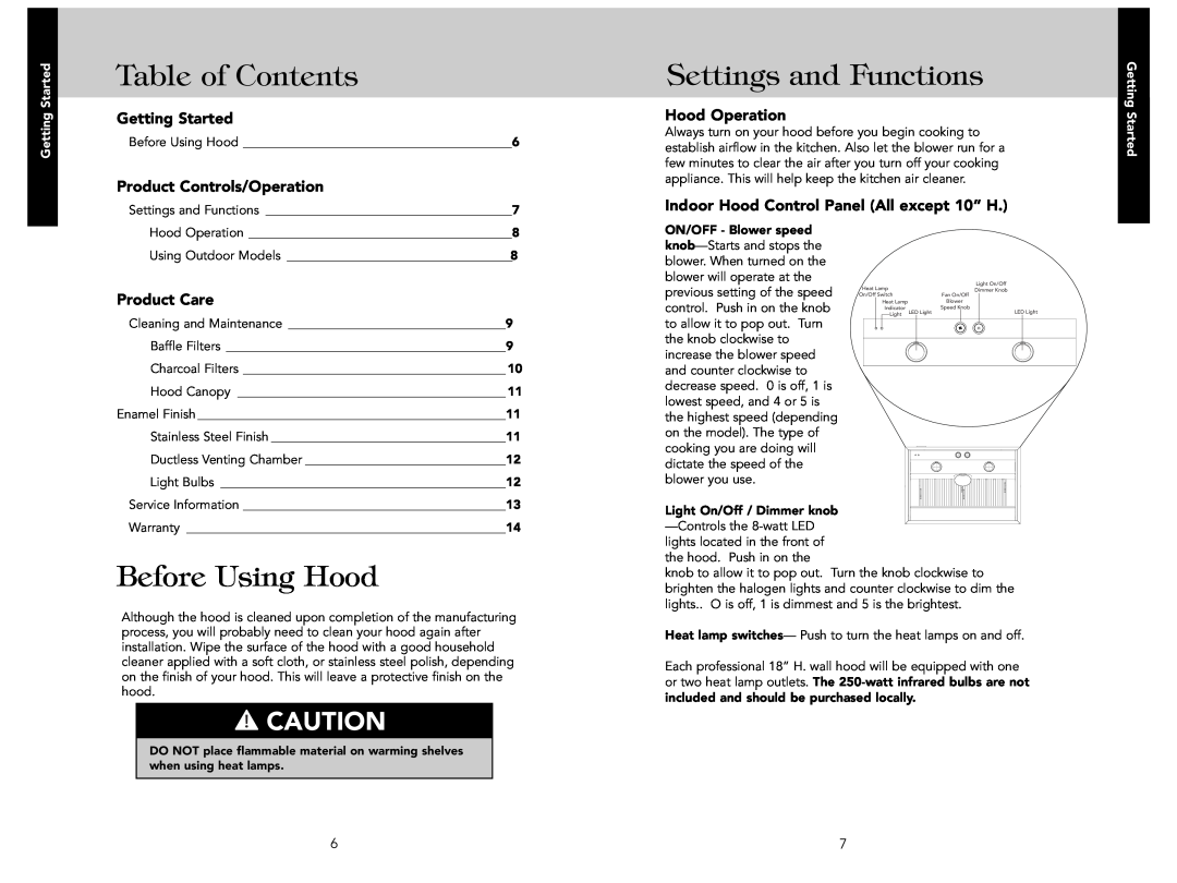 Viking F21286 Table of Contents, Settings and Functions, Before Using Hood, Getting Started, Product Controls/Operation 
