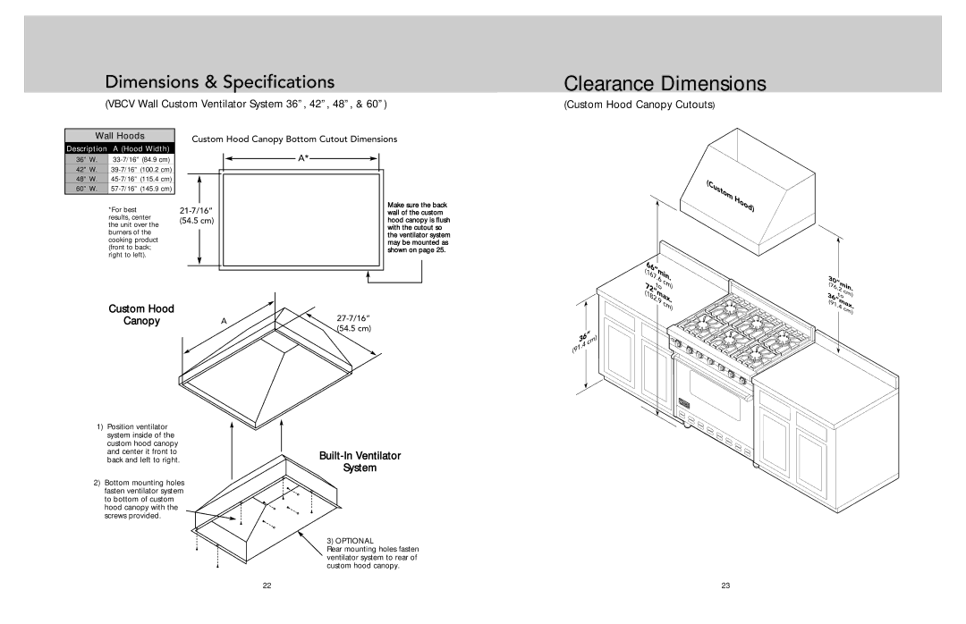 Viking F21287A EN manual Vbcv Wall Custom Ventilator System 36, 42, 48, Custom Hood Canopy Cutouts 