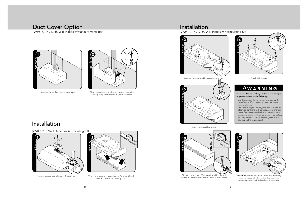 Viking F21287A EN manual Duct Cover Option, Installation, VWH 10 H./12H. Wall Hoods w/Standard Ventilator 