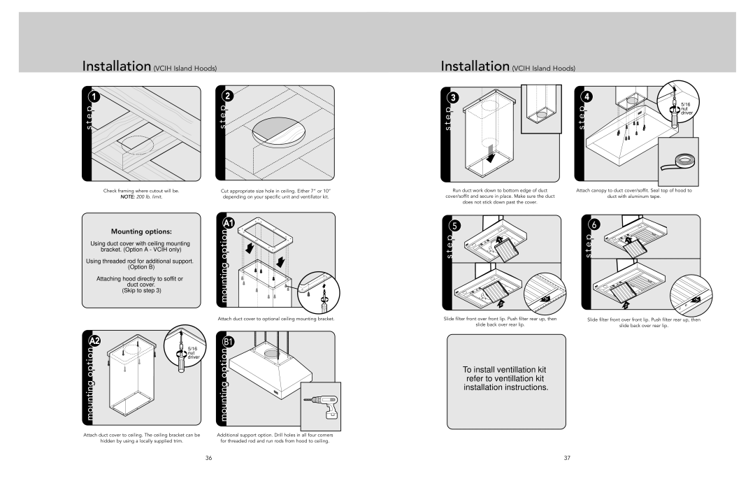 Viking F21287A EN manual Installation Vcih Island Hoods, Mounting options 