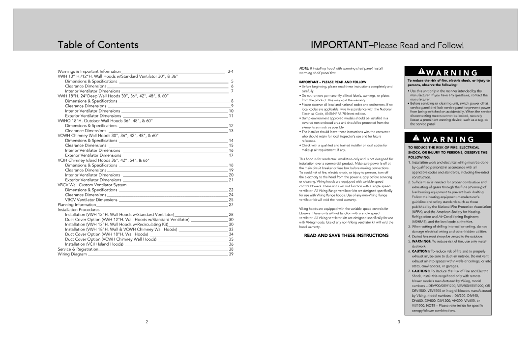 Viking F21287A EN manual Table of Contents 