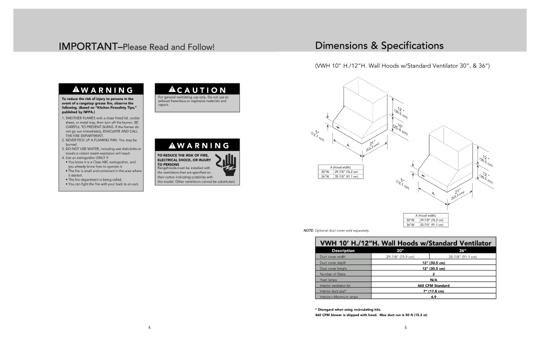 Viking F21287A EN manual Dimensions & Specifications, VWH 10’ H./12H. Wall Hoods w/Standard Ventilator 