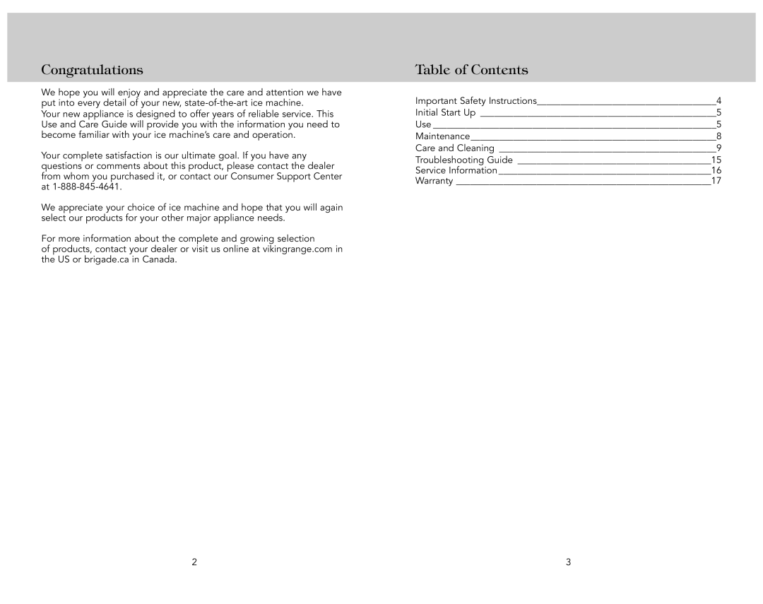 Viking F21311 EN manual Congratulations, Table of Contents 