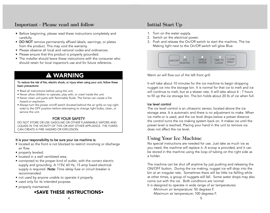 Viking F21311 EN manual Important Please read and follow, Initial Start Up, Using Your Ice Machine, Ice level control 