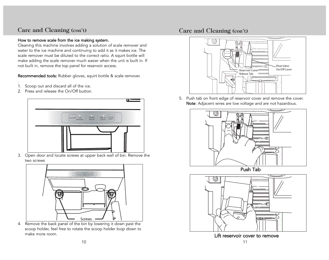 Viking F21311 EN manual Care and Cleaning con’t, How to remove scale from the ice making system 