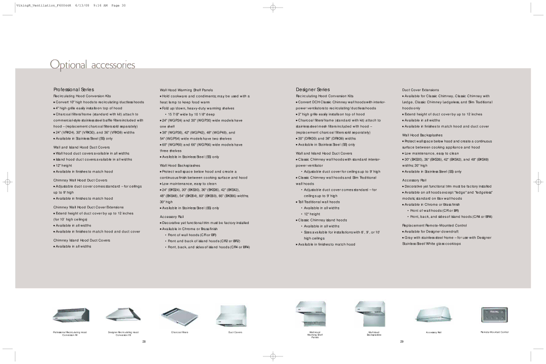 Viking F60044H manual Professional Series, Designer Series 