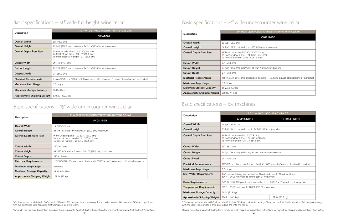 Viking F80146, RRD0114 manual Basic specifications 30 wide full-height wine cellar 