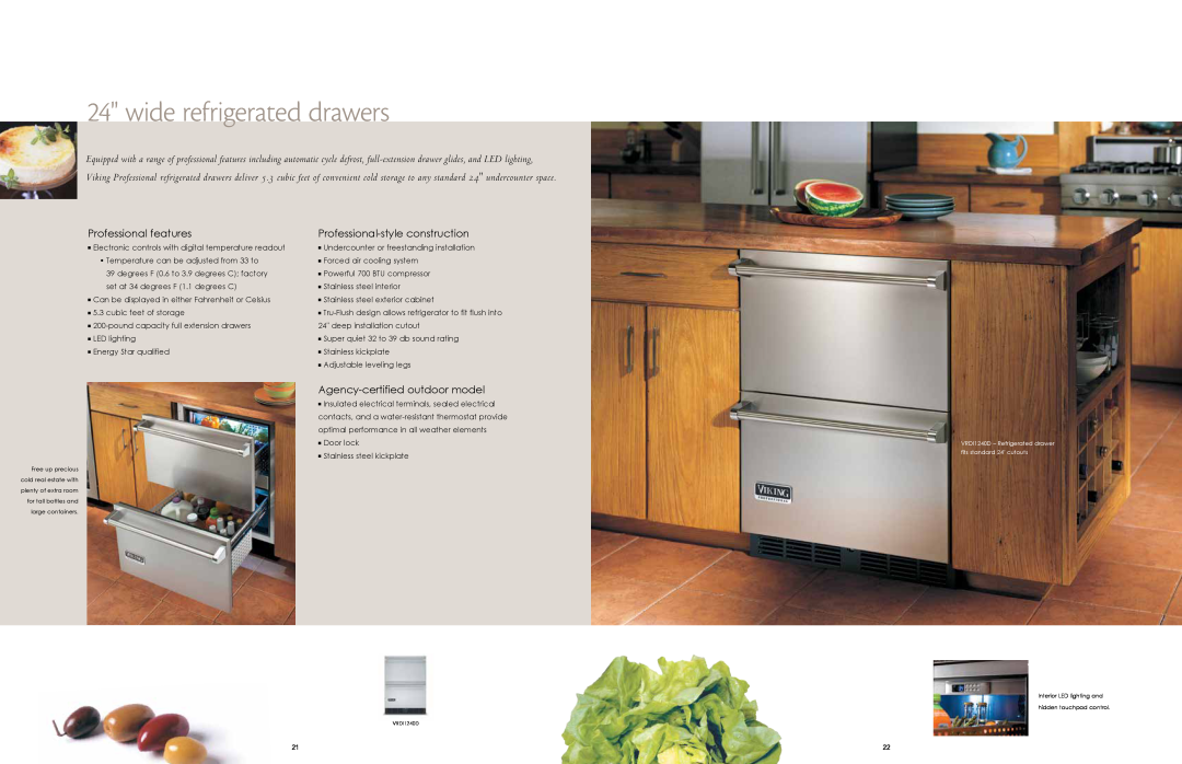 Viking F80146, RRD0114 manual wide refrigerated drawers, Professional features, Professional-style construction 