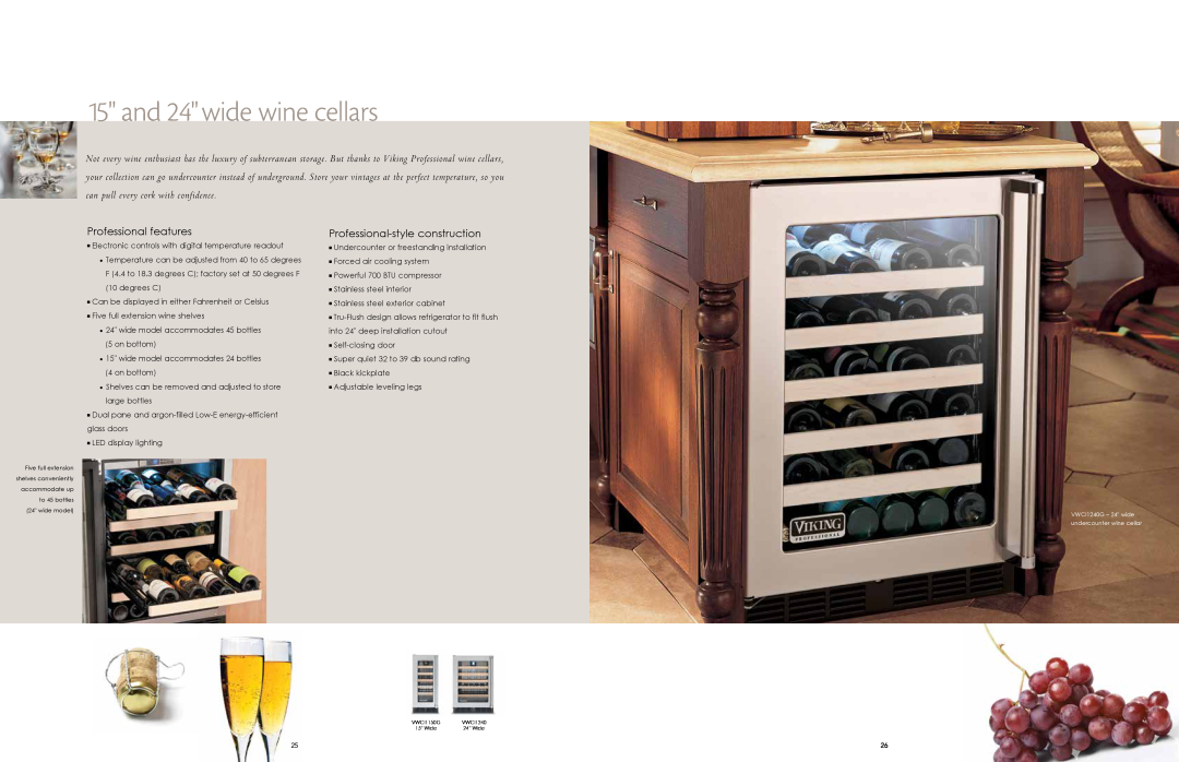 Viking F80146, RRD0114 manual and 24 wide wine cellars, Professional features, Professional-style construction 