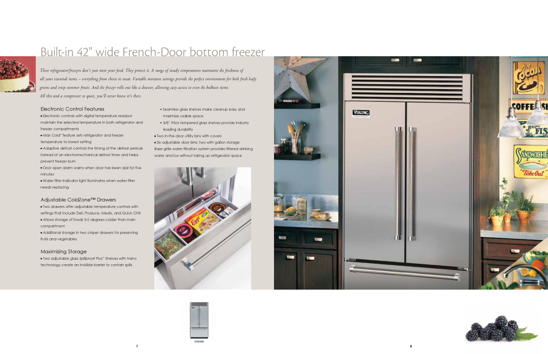 Viking RRD0114 manual Built-in 42 wide French-Door bottom freezer, Electronic Control Features, Adjustable ColdZone Drawers 