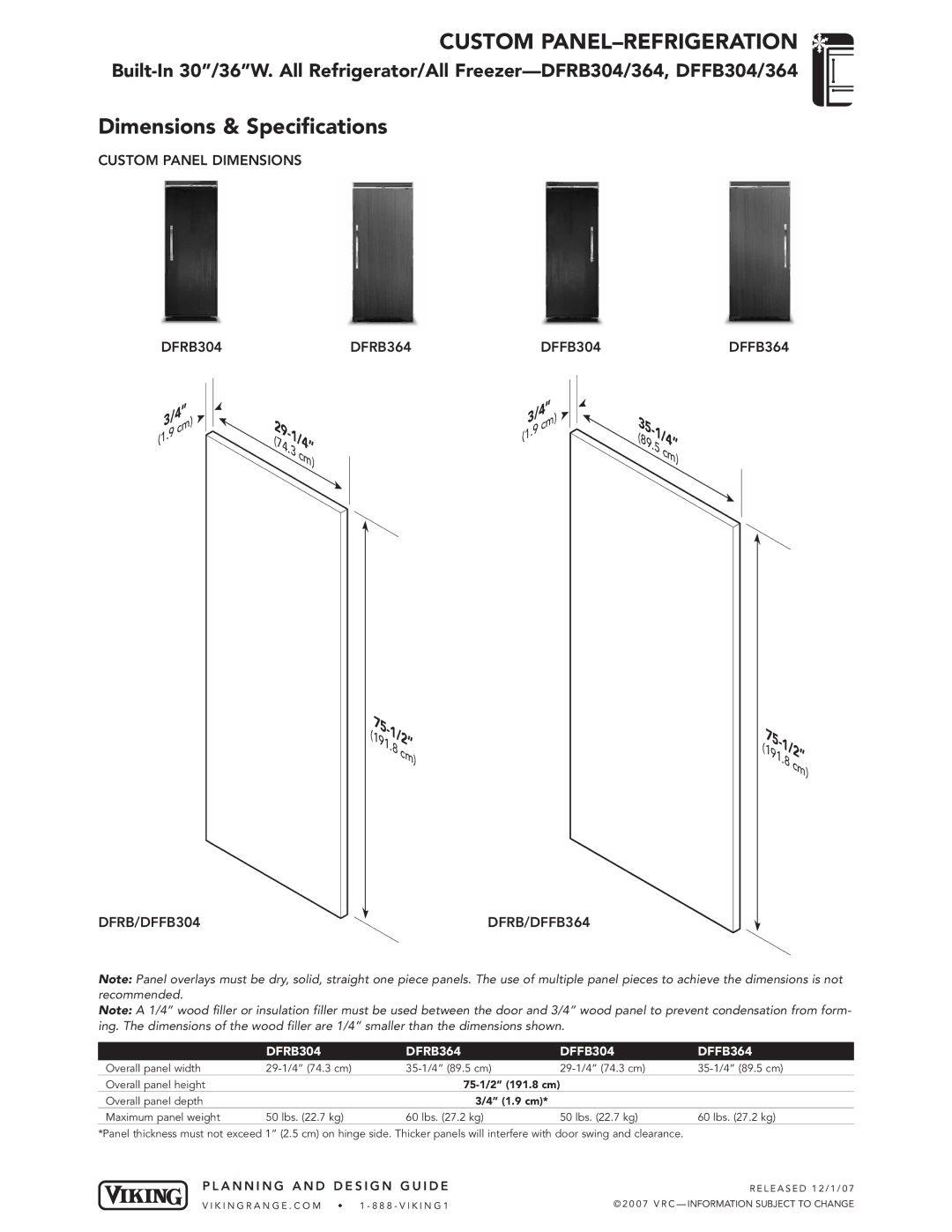 Viking dimensions Custom Panel Dimensions DFRB304 DFRB364 DFFB304 DFFB364, DFRB/DFFB304 DFRB/DFFB364, 75-1/2 191.8 cm 