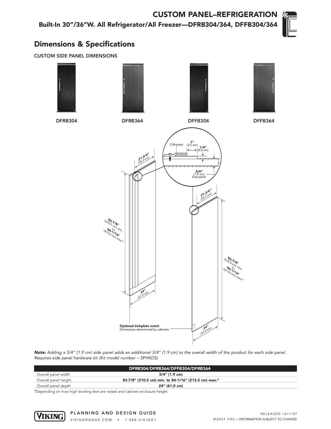 Viking dimensions DFRB304/DFRB364/DFFB304/DFRB364, Optional kickplate notch 