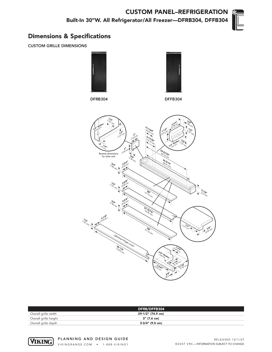 Viking dimensions Custom Grille Dimensions DFRB304 DFFB304, DFRB/DFFB304, 11/64 