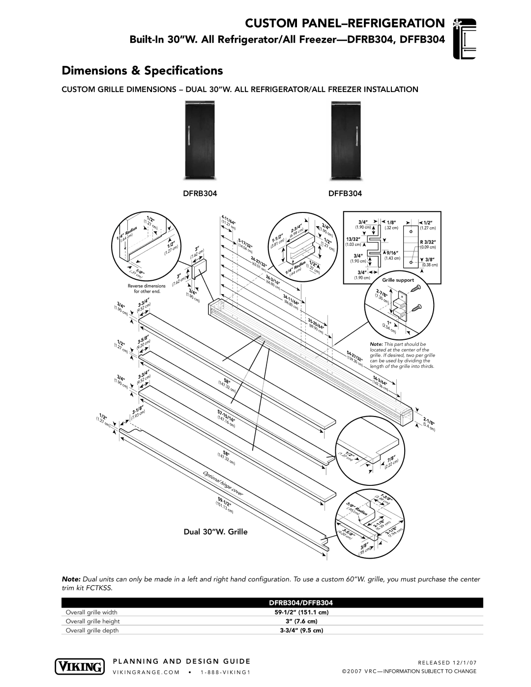 Viking dimensions Dual 30W. Grille, DFRB304/DFFB304 