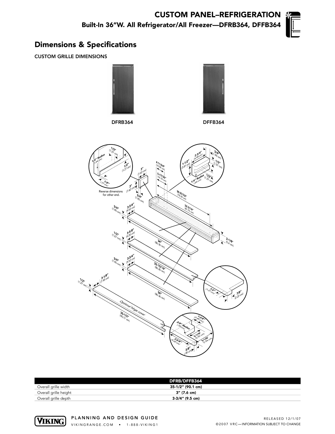 Viking DFFB304, FRB304 dimensions Custom Grille Dimensions DFRB364 DFFB364, DFRB/DFFB364, 15/1620, 17/32 