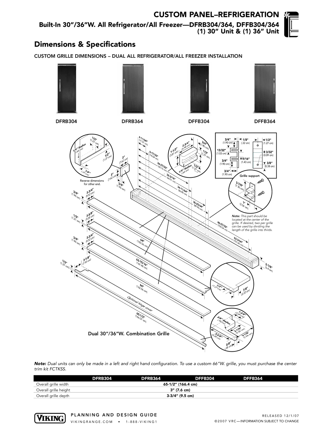 Viking FRB304, DFFB304 dimensions Dual 30/36W. Combination Grille, 60-2, 17/32, 107/32 