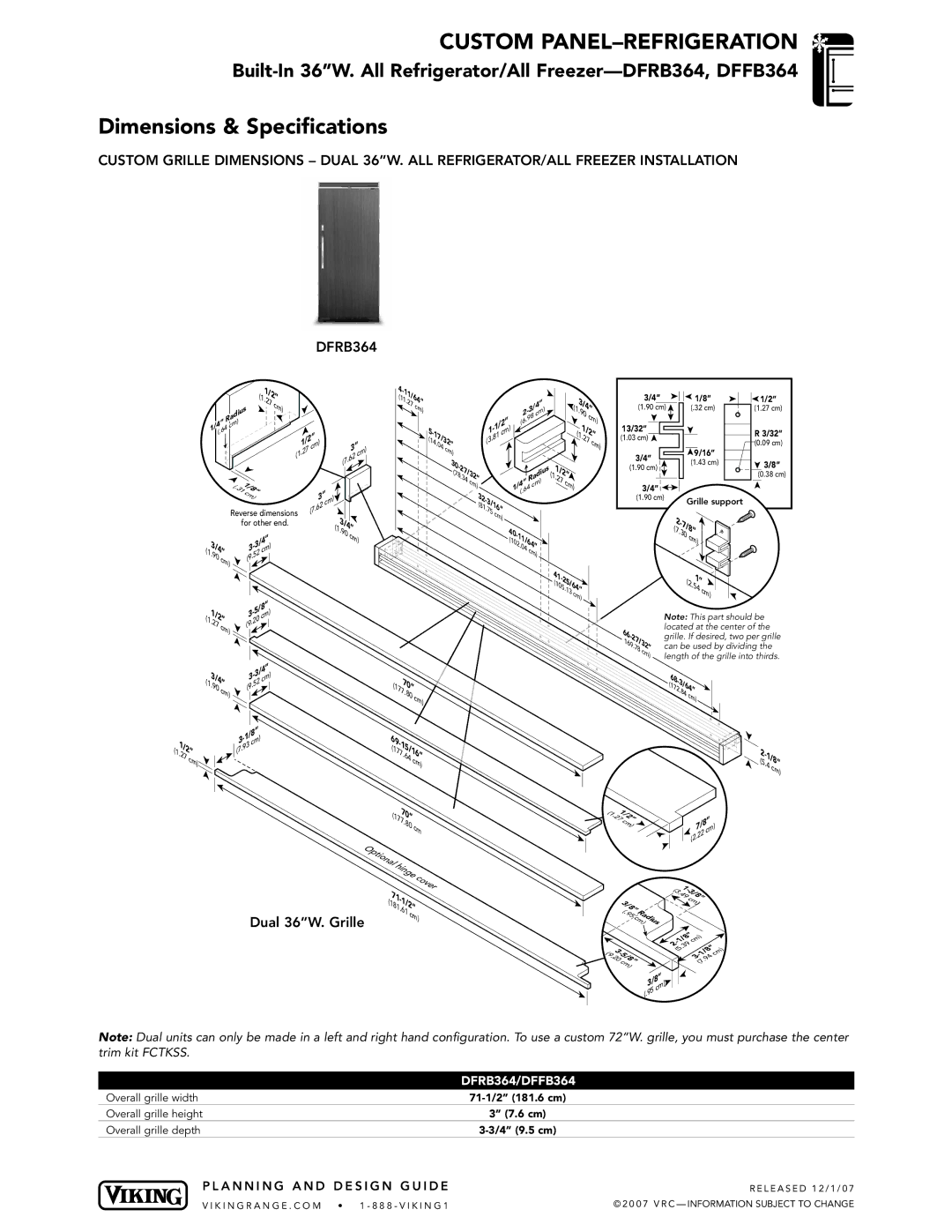 Viking DFFB304, FRB304 dimensions Dual 36W. Grille, DFRB364/DFFB364, 11/64, 0464, 7832 