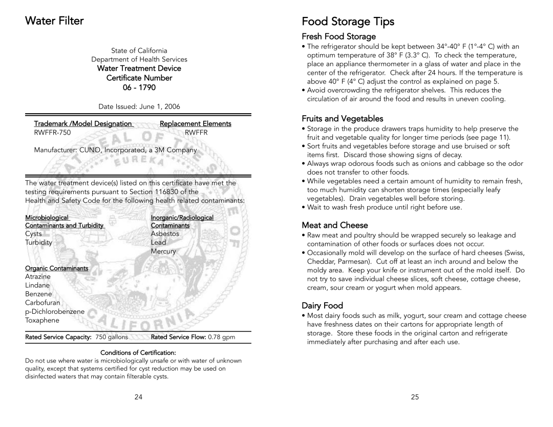 Viking Freestanding Side-by-Side Refrigerator/Freezer manual Food Storage Tips, Fresh Food Storage, Fruits and Vegetables 