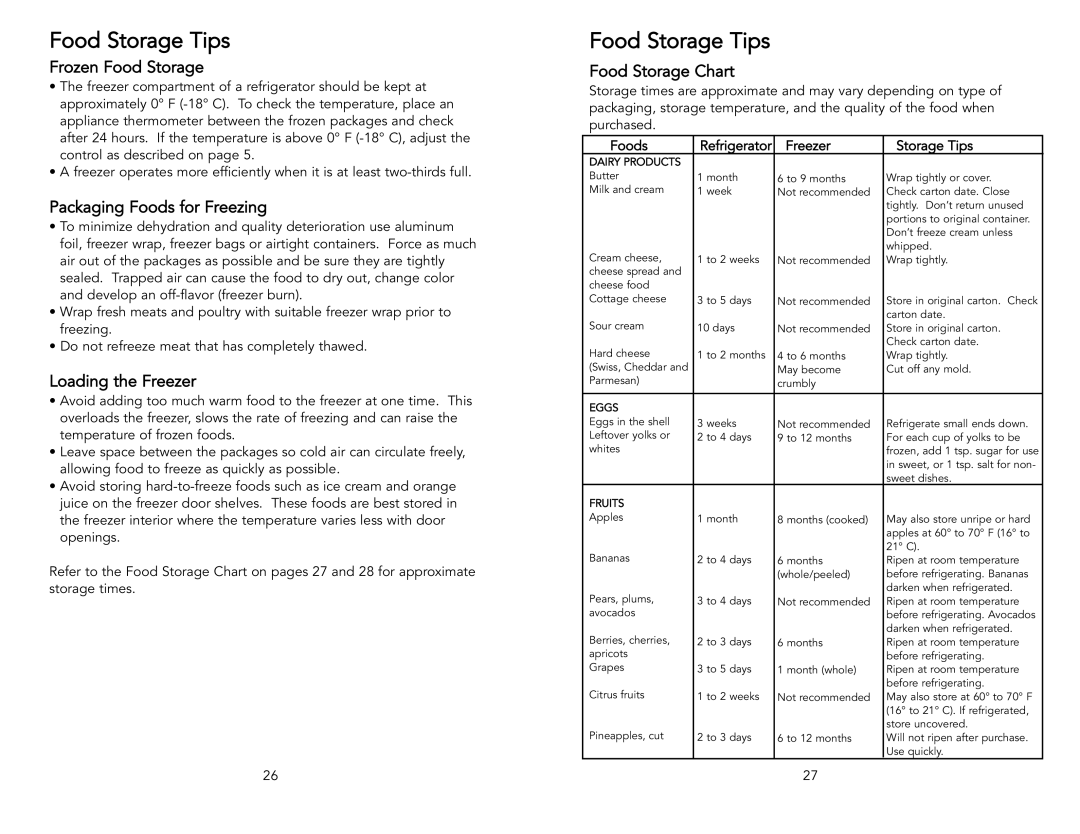 Viking Freestanding manual Frozen Food Storage, Packaging Foods for Freezing, Loading the Freezer, Food Storage Chart 