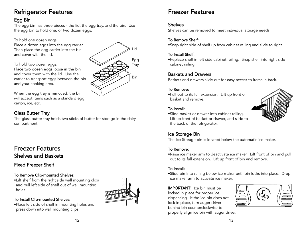 Viking Freestanding Side-by-Side Refrigerator/Freezer manual Freezer Features, Shelves and Baskets 