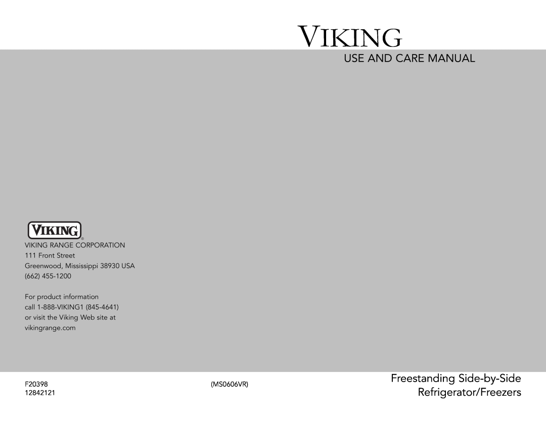 Viking Freestanding Side-by-Side Refrigerator/Freezer manual Use And Care Manual, Refrigerator/Freezers, Viking 