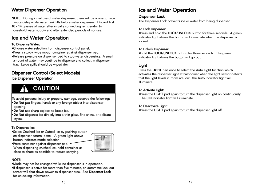 Viking Freestanding Ice and Water Operation, Water Dispenser Operation, Dispenser Control Select Models, Dispenser Lock 